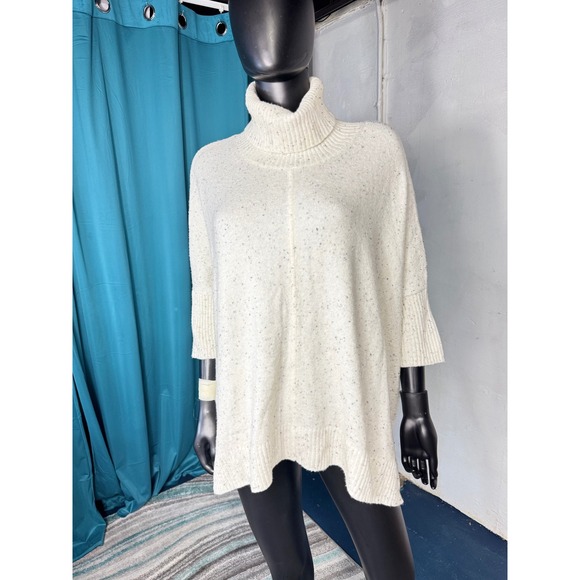 LOFT Petite Cream Speckled Knit Turtleneck Poncho Style Sweater Top - Picture 1 of 7